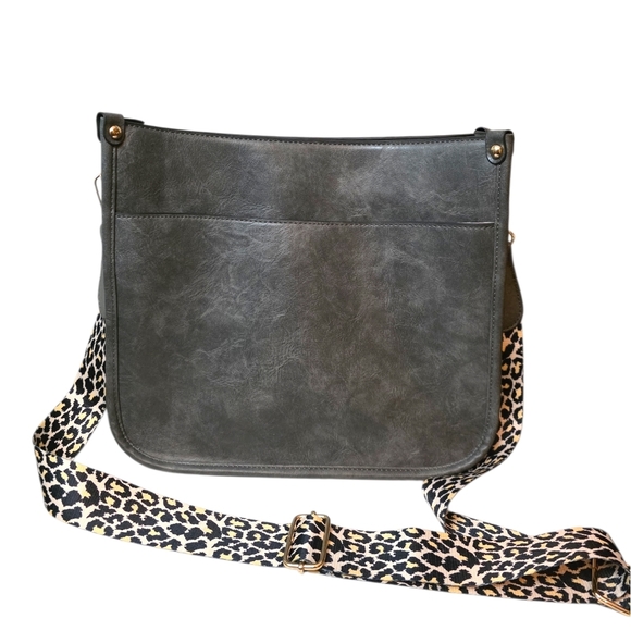 No brand Handbags - Charcoal Gray Faux Leather Crossbody Bag w/ Leopard & Tan Strap | Gold Hardware
